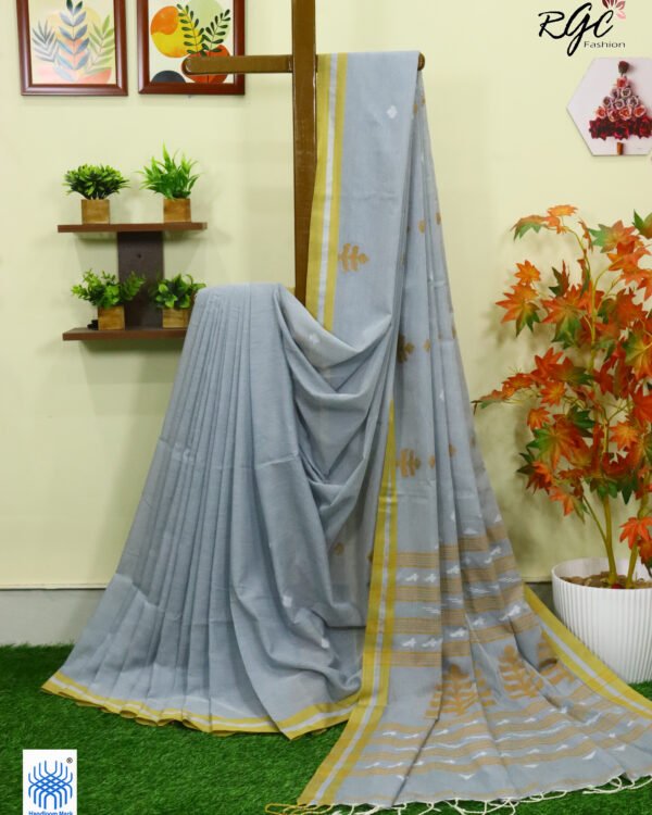 French Gray Handloom Khadi Cotton Dhakai Jamdani Saree