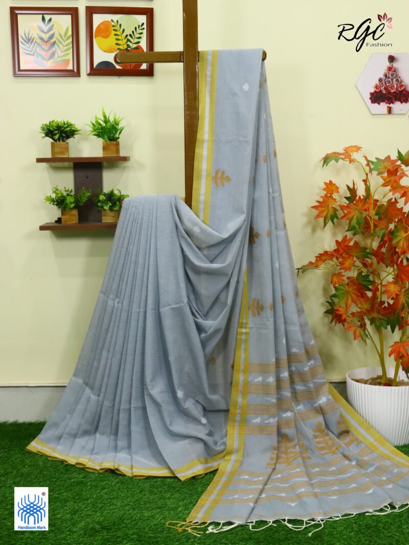 French Gray Handloom Khadi Cotton Dhakai Jamdani Saree