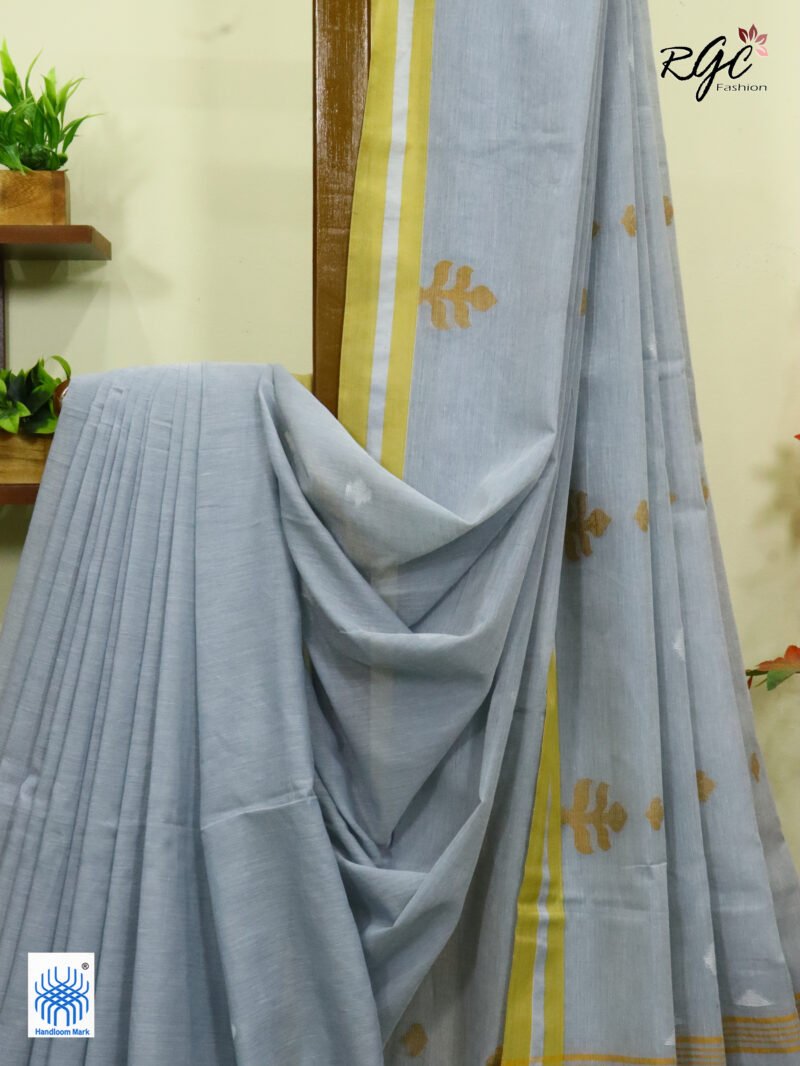 French Gray Handloom Khadi Cotton Dhakai Jamdani Saree - Image 8