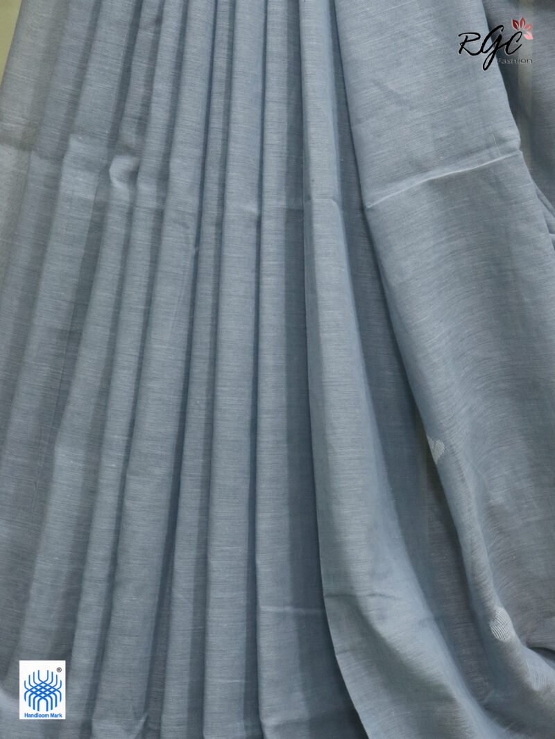 French Gray Handloom Khadi Cotton Dhakai Jamdani Saree - Image 9