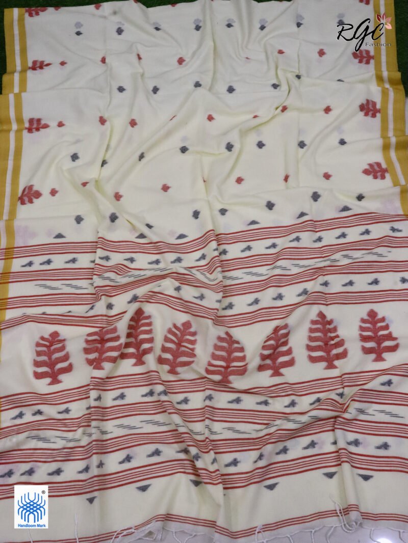 Off White Handloom Khadi Cotton Dhakai Jamdani Saree - Image 2