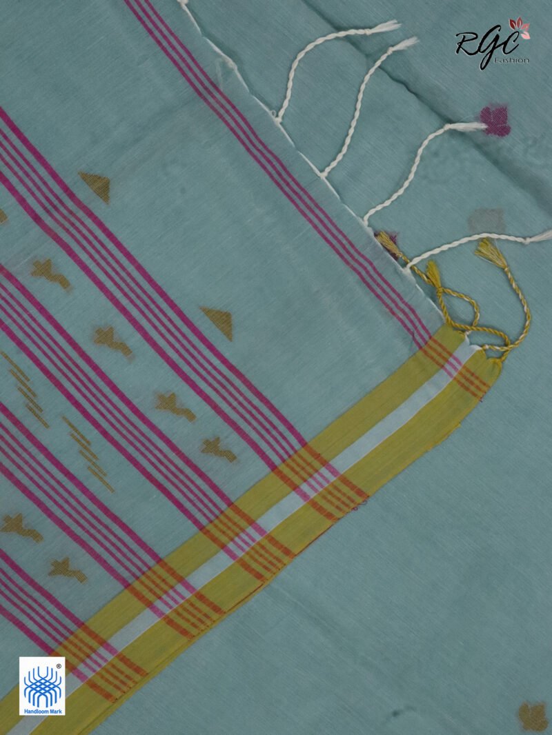 Mint Green Handloom Khadi Cotton Dhakai Jamdani Saree - Image 7