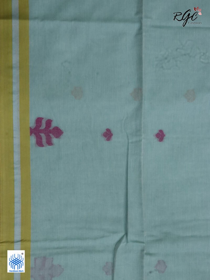 Mint Green Handloom Khadi Cotton Dhakai Jamdani Saree - Image 6