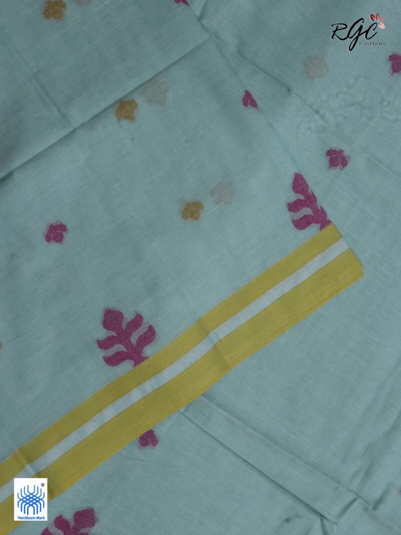 Mint Green Handloom Khadi Cotton Dhakai Jamdani Saree - Image 5