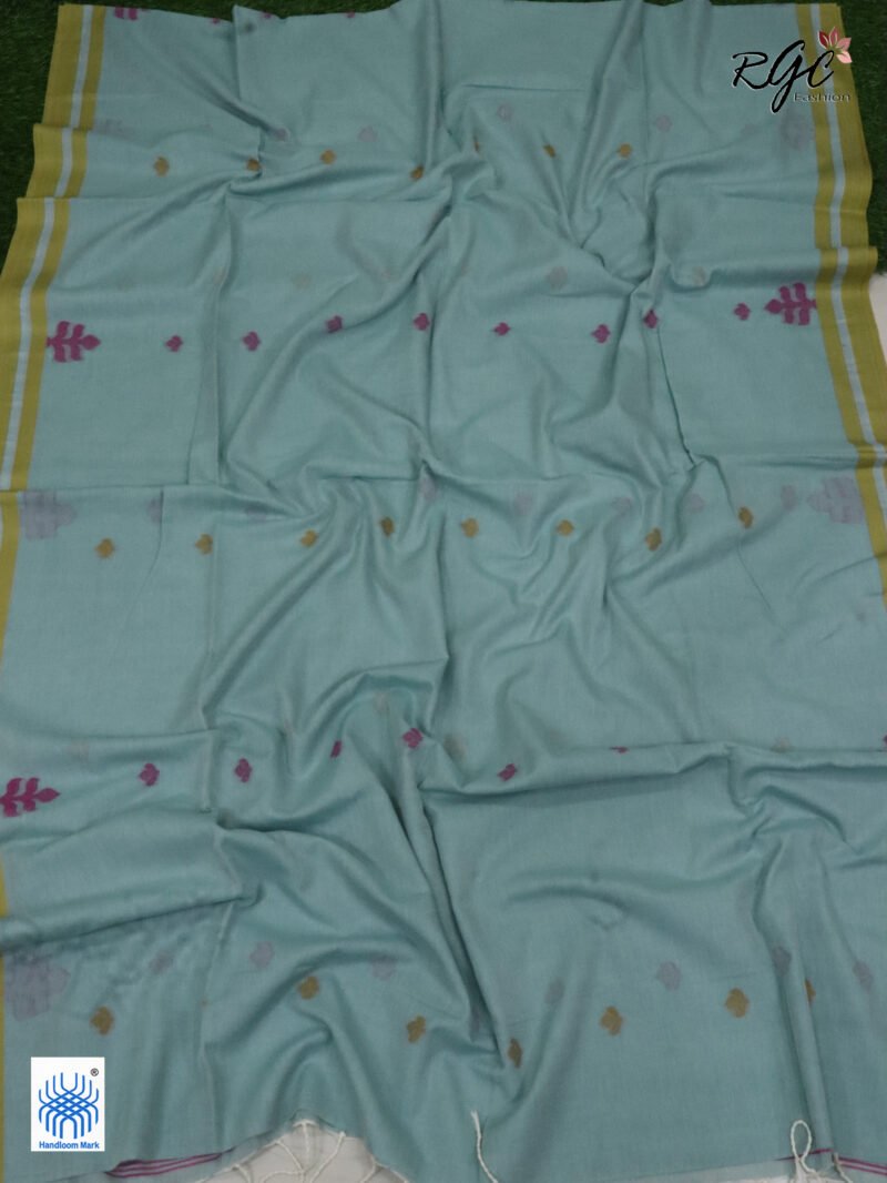 Mint Green Handloom Khadi Cotton Dhakai Jamdani Saree - Image 4