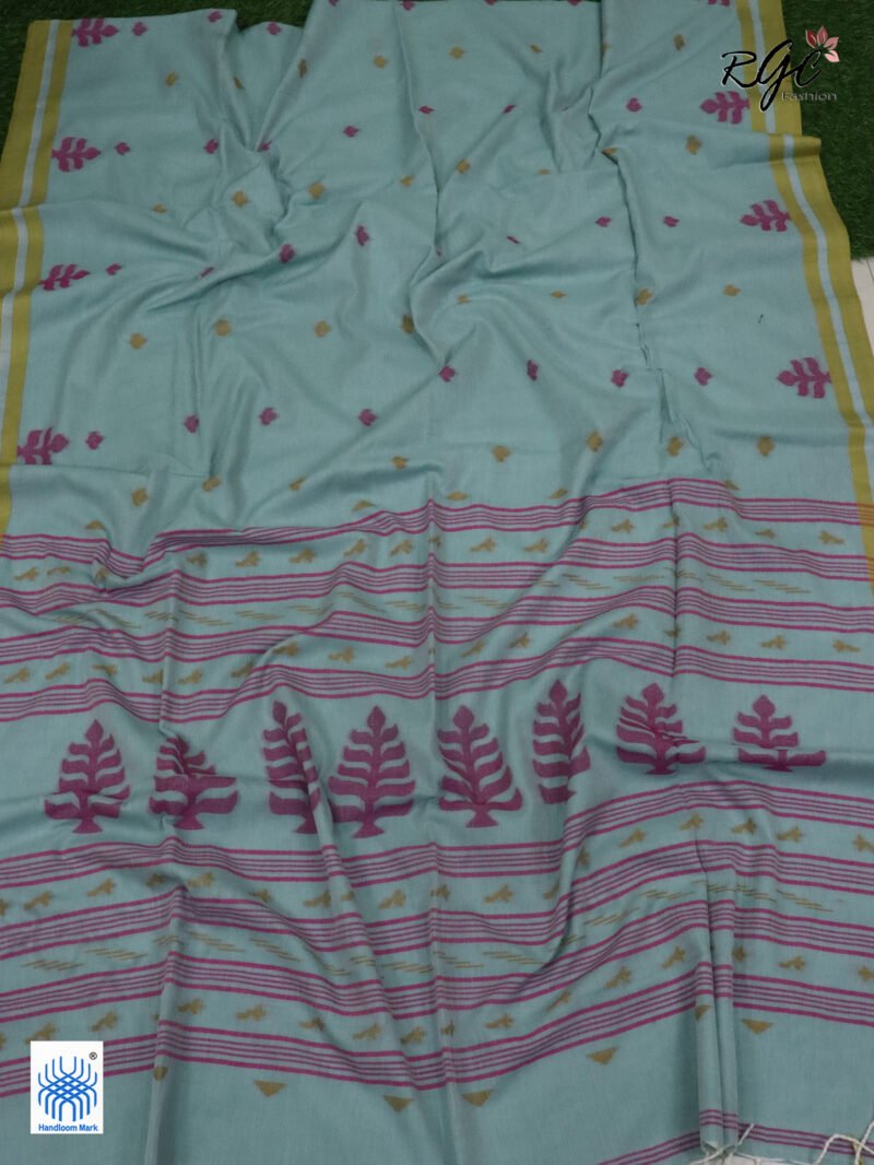 Mint Green Handloom Khadi Cotton Dhakai Jamdani Saree - Image 3