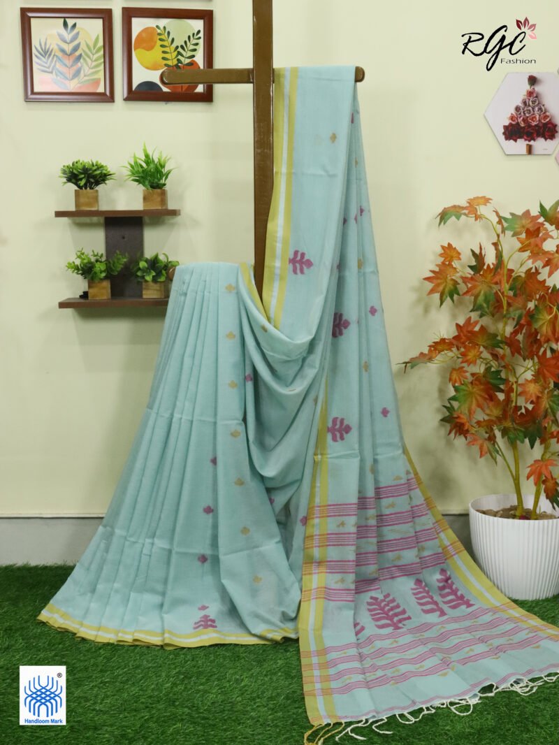 Mint Green Handloom Khadi Cotton Dhakai Jamdani Saree