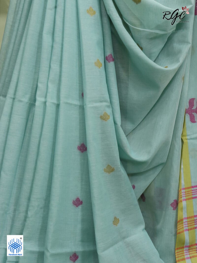 Mint Green Handloom Khadi Cotton Dhakai Jamdani Saree - Image 9