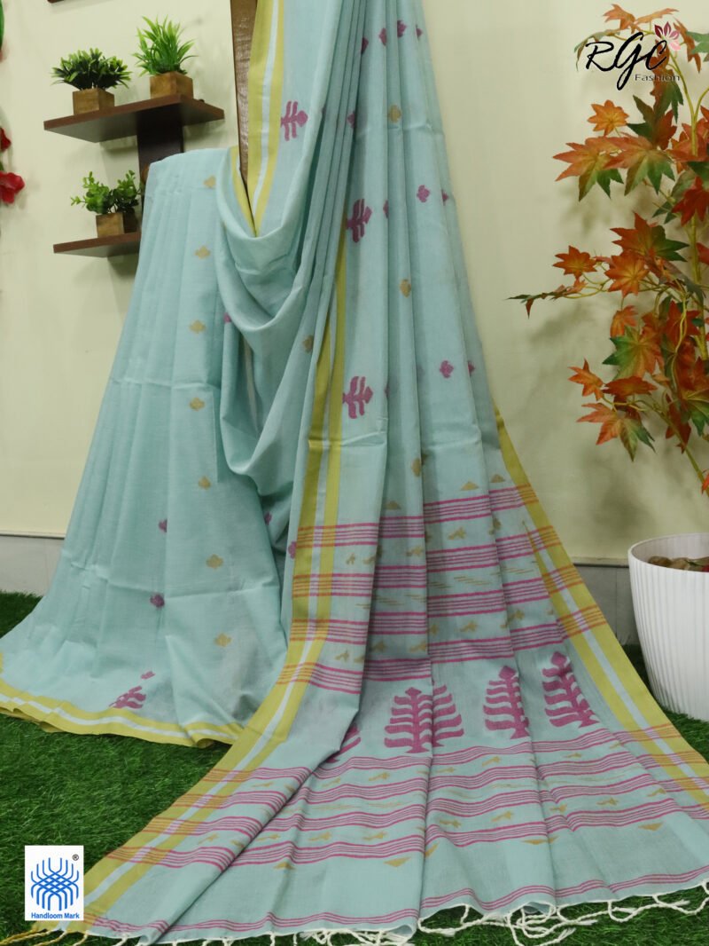 Mint Green Handloom Khadi Cotton Dhakai Jamdani Saree - Image 8