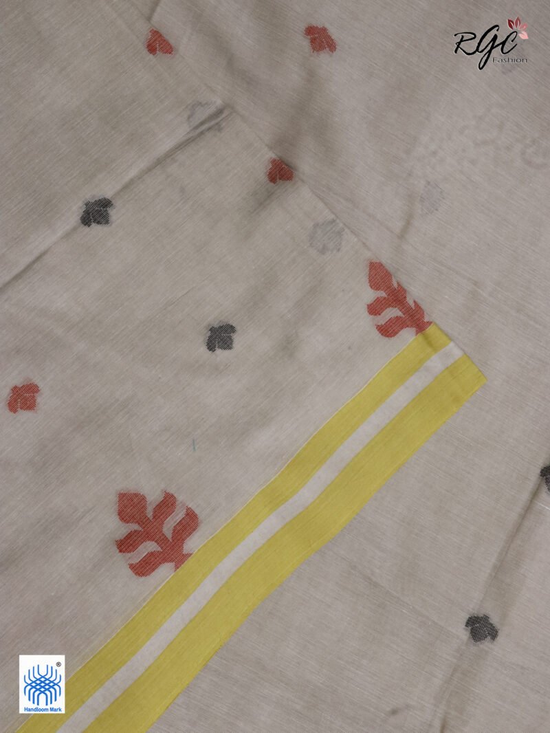 Biscuit Handloom Khadi Cotton Dhakai Jamdani Saree - Image 6