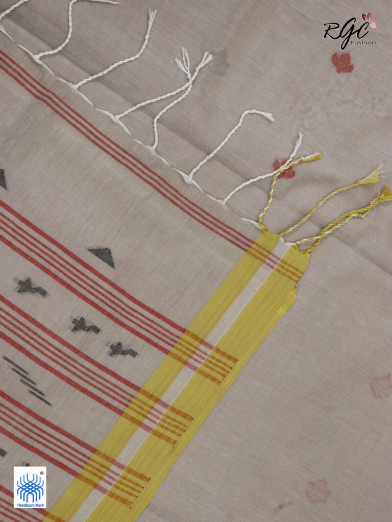 Biscuit Handloom Khadi Cotton Dhakai Jamdani Saree - Image 5