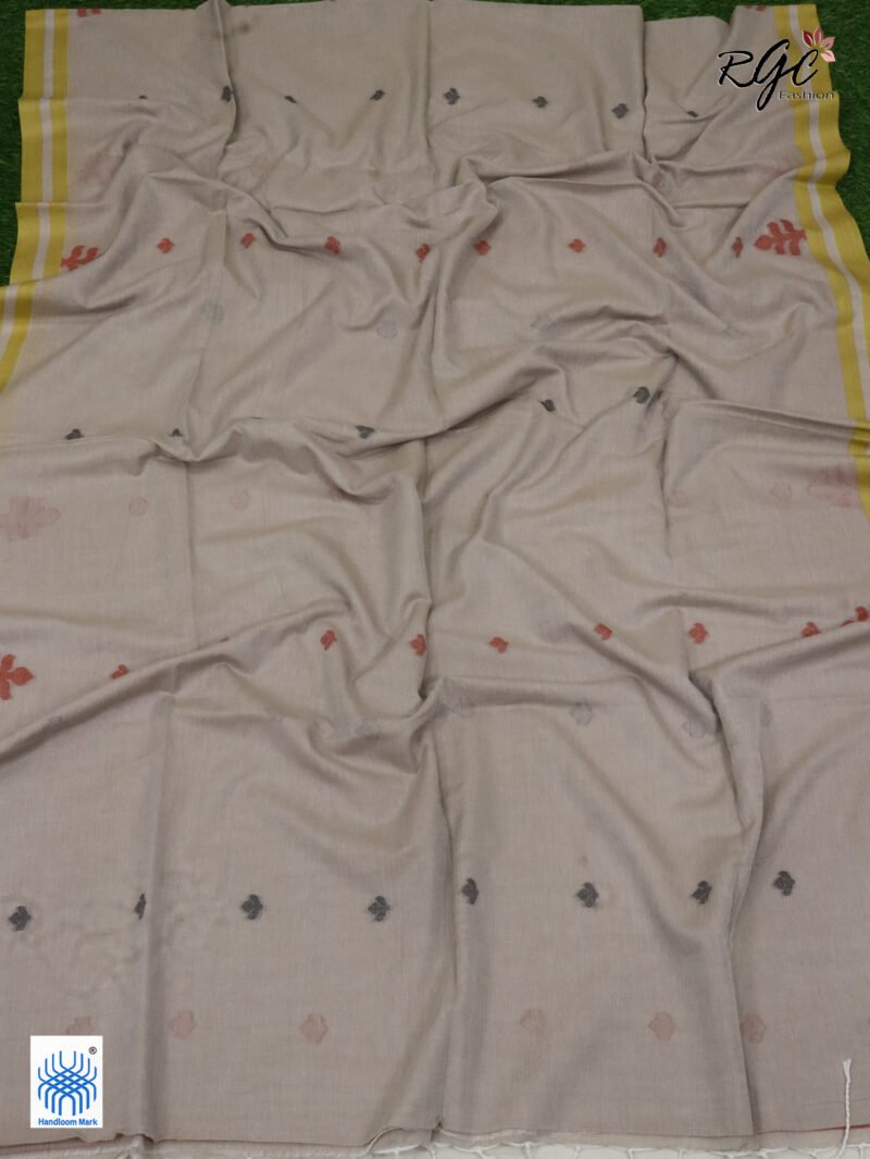 Biscuit Handloom Khadi Cotton Dhakai Jamdani Saree - Image 4