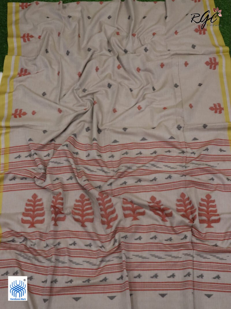 Biscuit Handloom Khadi Cotton Dhakai Jamdani Saree - Image 3