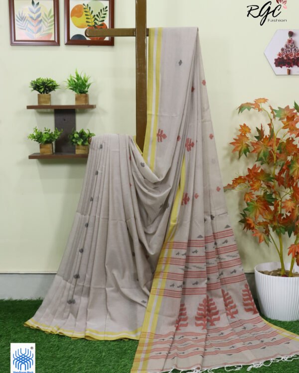 Biscuit Handloom Khadi Cotton Dhakai Jamdani Saree