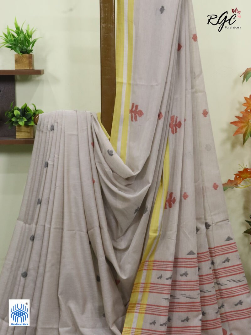 Biscuit Handloom Khadi Cotton Dhakai Jamdani Saree - Image 8