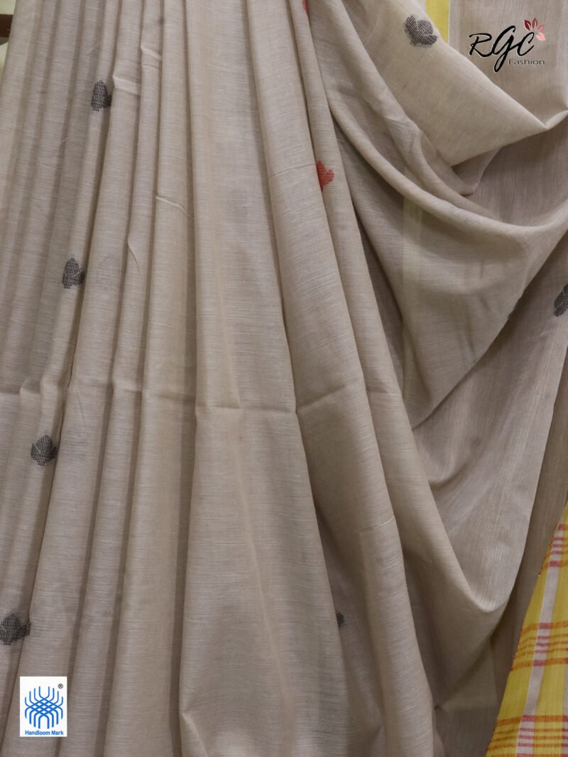 Biscuit Handloom Khadi Cotton Dhakai Jamdani Saree - Image 9