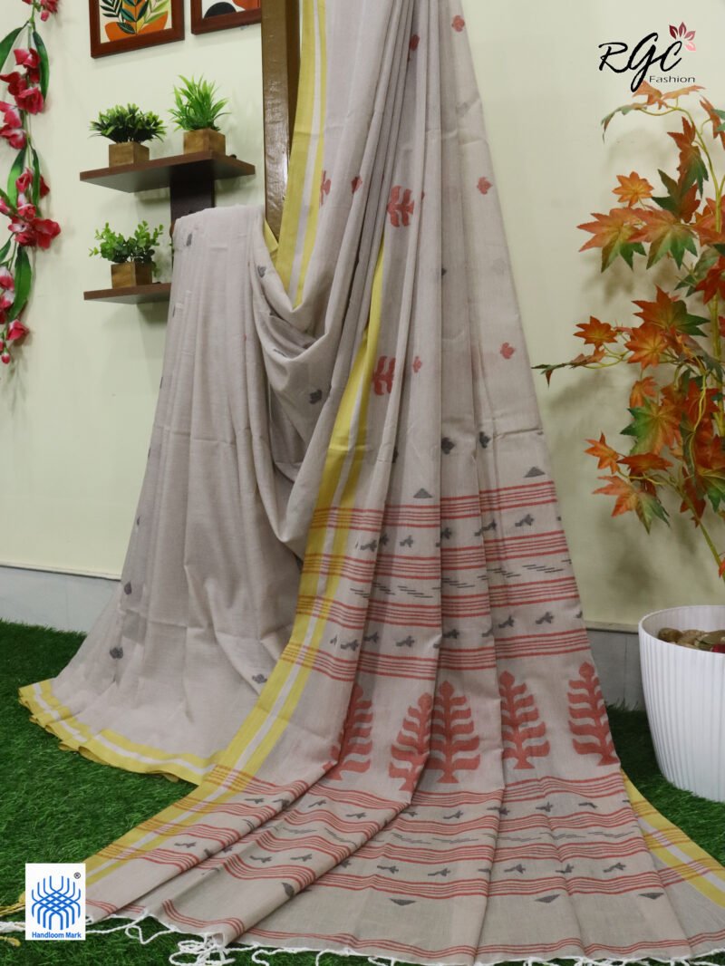Biscuit Handloom Khadi Cotton Dhakai Jamdani Saree - Image 10