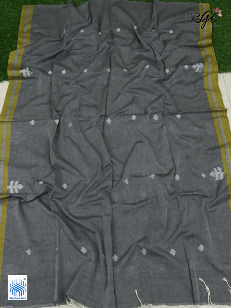 Charcole Handloom Khadi Cotton Dhakai Jamdani Saree - Image 4