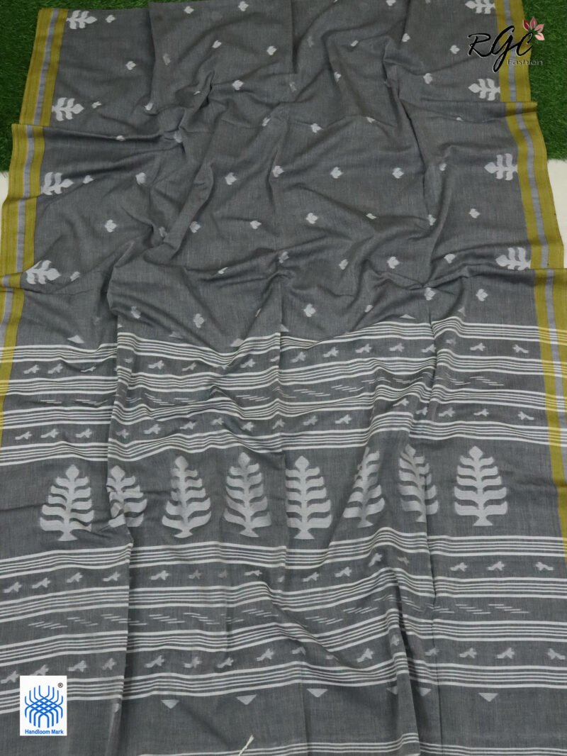 Charcole Handloom Khadi Cotton Dhakai Jamdani Saree - Image 3