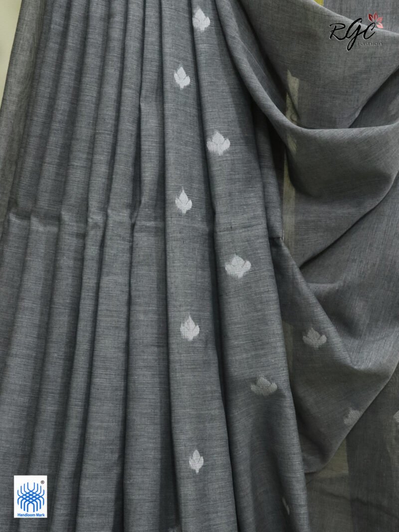 Charcole Handloom Khadi Cotton Dhakai Jamdani Saree - Image 9