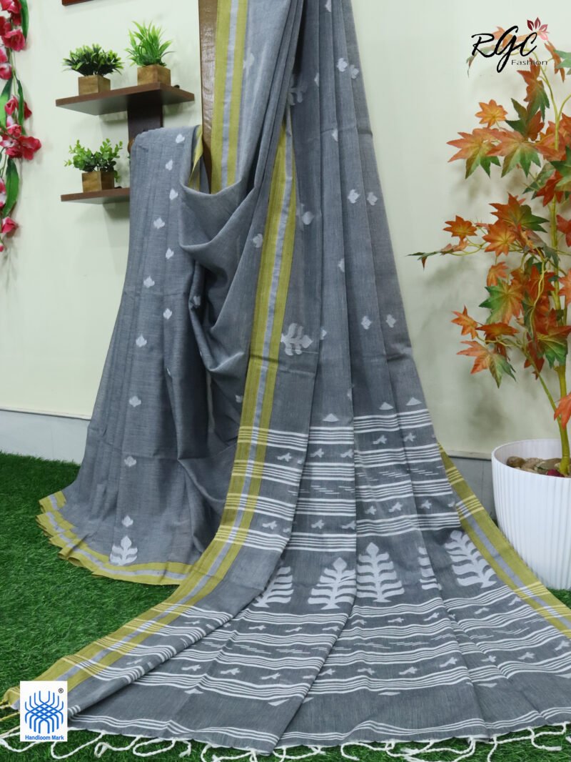 Charcole Handloom Khadi Cotton Dhakai Jamdani Saree - Image 10
