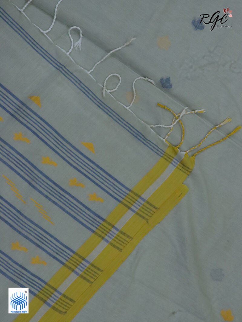 Honeydew Handloom Khadi Cotton Dhakai Jamdani Saree - Image 5