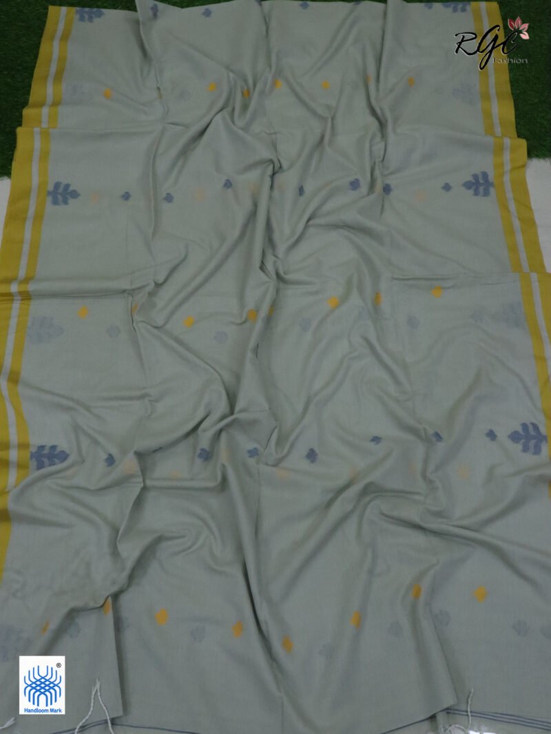 Honeydew Handloom Khadi Cotton Dhakai Jamdani Saree - Image 4