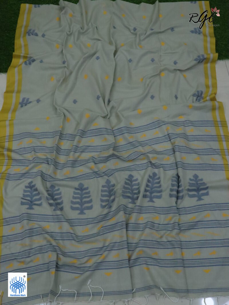 Honeydew Handloom Khadi Cotton Dhakai Jamdani Saree - Image 3
