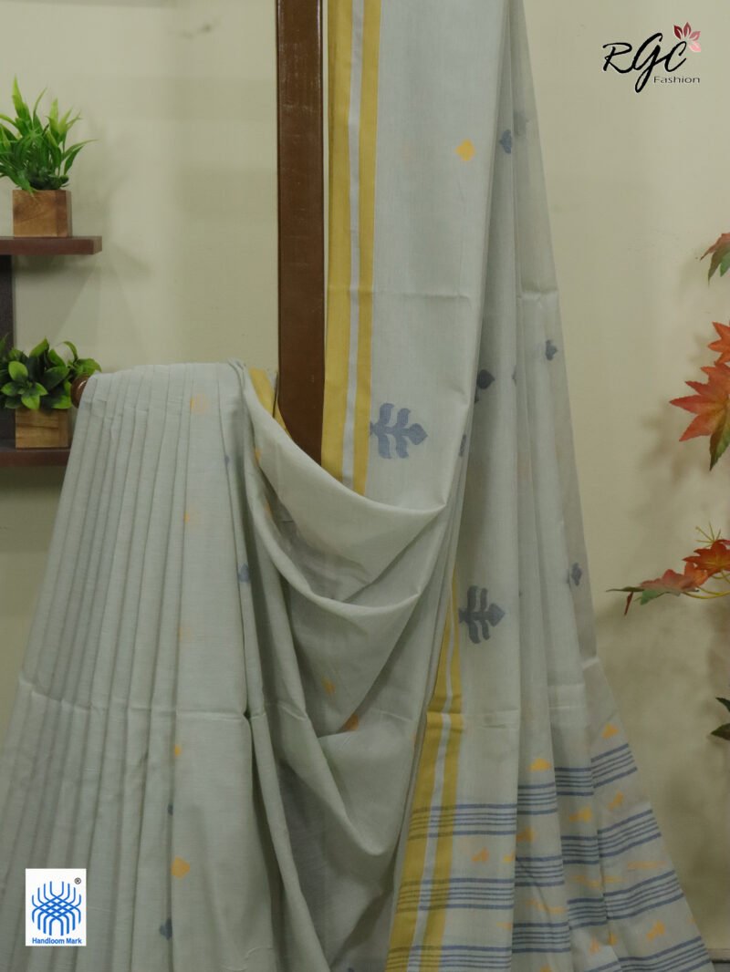 Honeydew Handloom Khadi Cotton Dhakai Jamdani Saree - Image 8