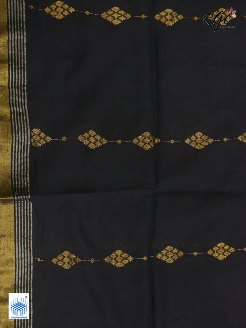 Black Pure Bengal Cotton Jamdani Saree - Image 9