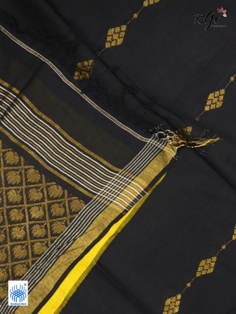 Black Pure Bengal Cotton Jamdani Saree - Image 4