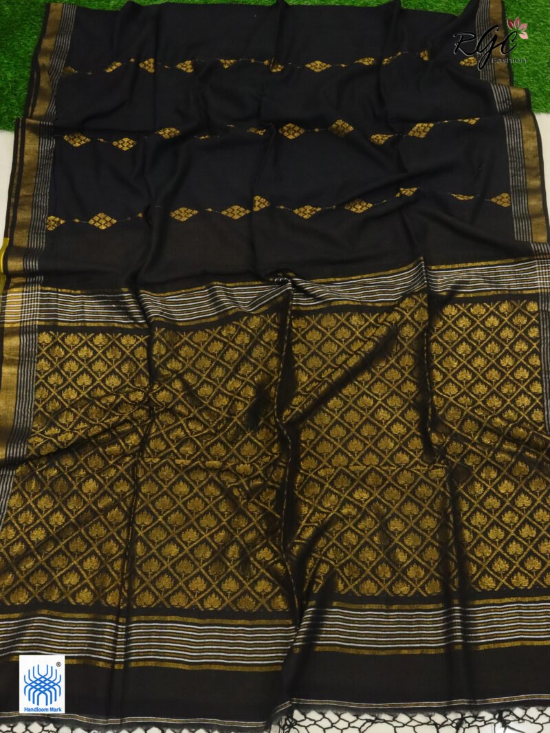 Black Pure Bengal Cotton Jamdani Saree - Image 2