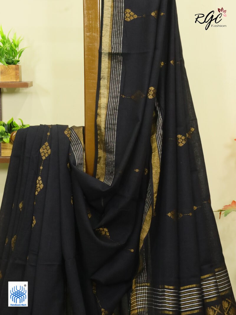 Black Pure Bengal Cotton Jamdani Saree - Image 10