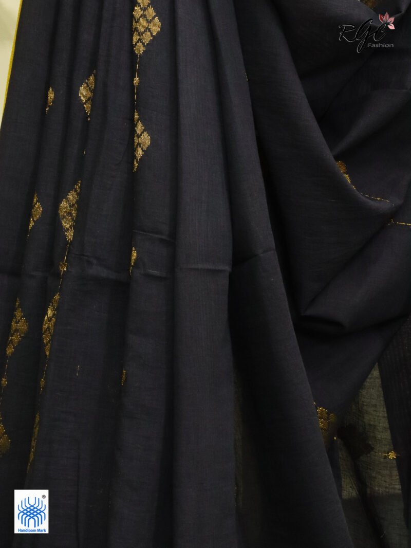 Black Pure Bengal Cotton Jamdani Saree - Image 7