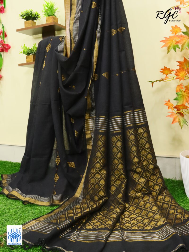 Black Pure Bengal Cotton Jamdani Saree - Image 8