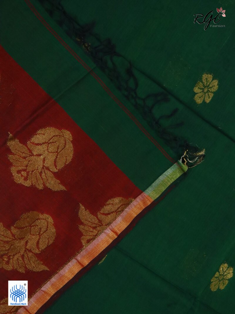 Bottle Green Pure Bengal Cotton Jamdani Saree - Image 8