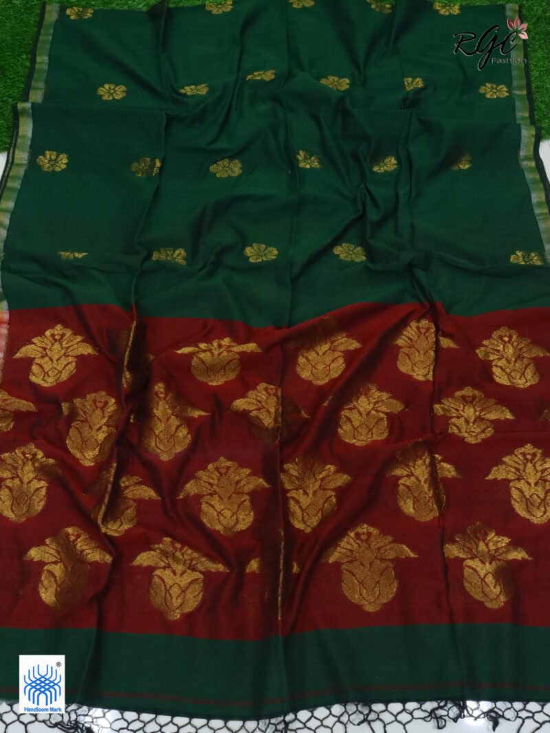 Bottle Green Pure Bengal Cotton Jamdani Saree - Image 5