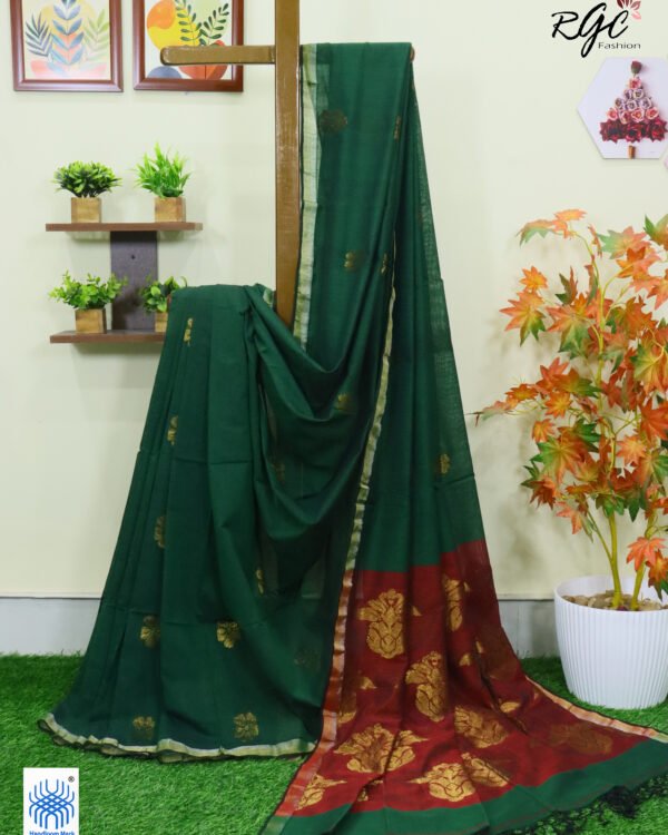 Bottle Green Pure Bengal Cotton Jamdani Saree