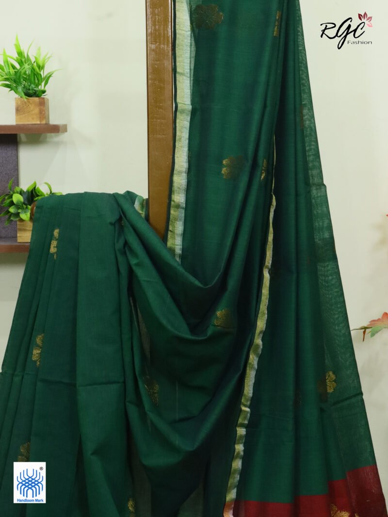 Bottle Green Pure Bengal Cotton Jamdani Saree - Image 4