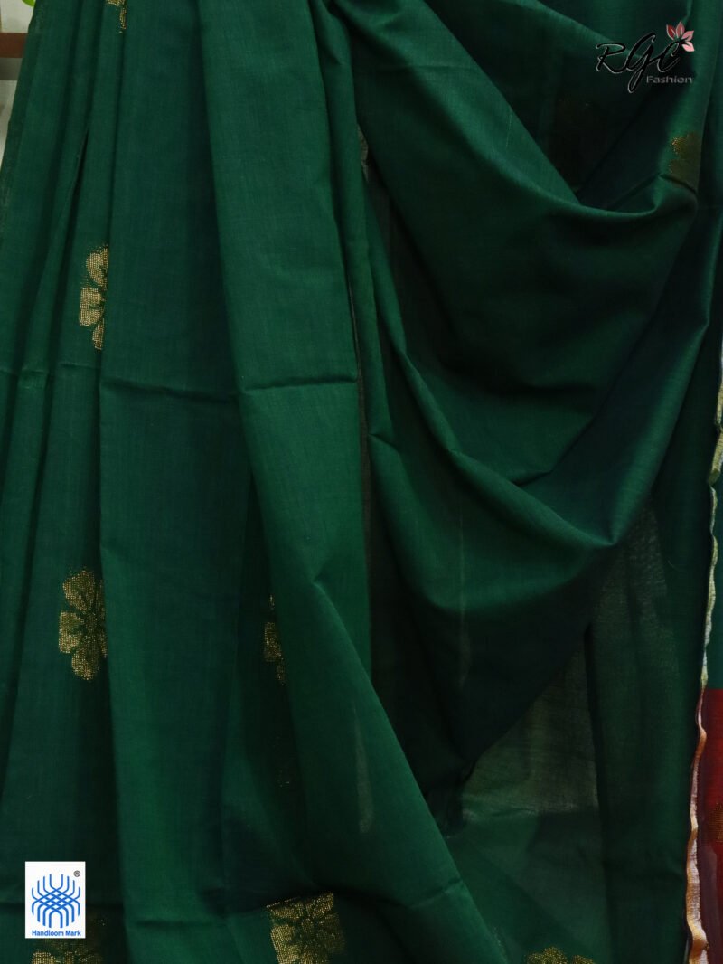 Bottle Green Pure Bengal Cotton Jamdani Saree - Image 3