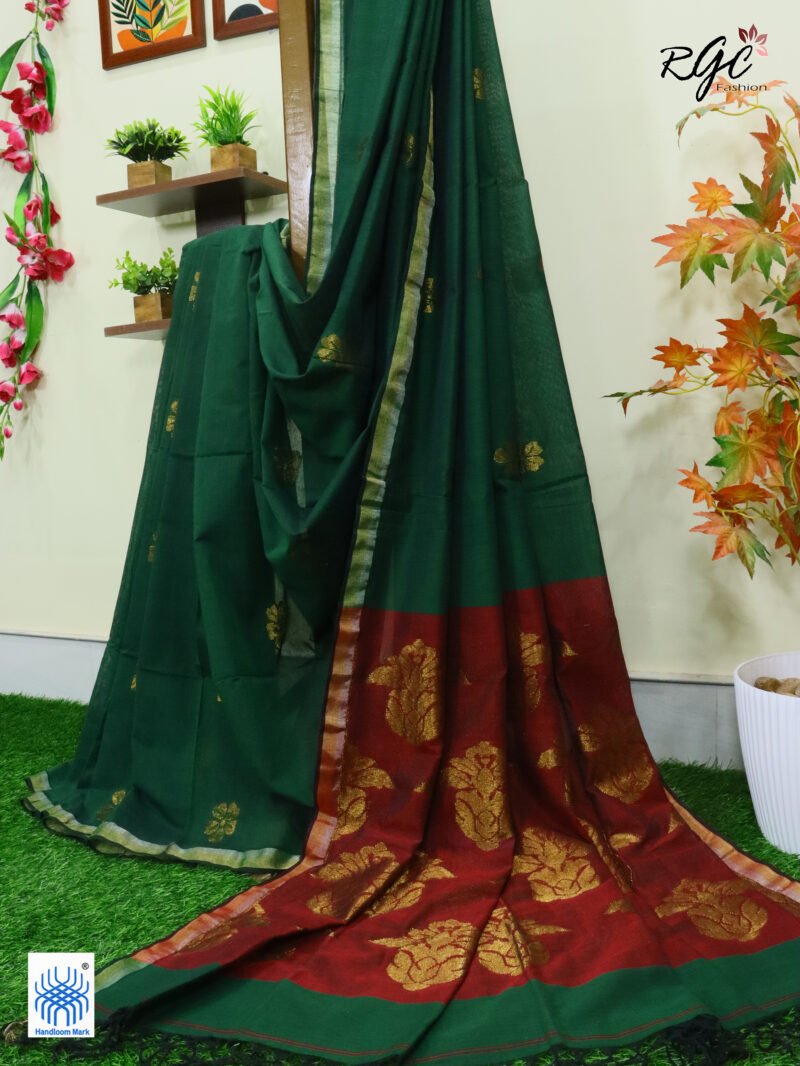Bottle Green Pure Bengal Cotton Jamdani Saree - Image 2