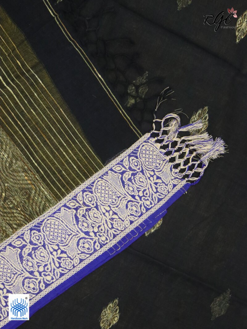 Black Pure Bengal Cotton Naksha Paar Jamdani Saree - Image 5