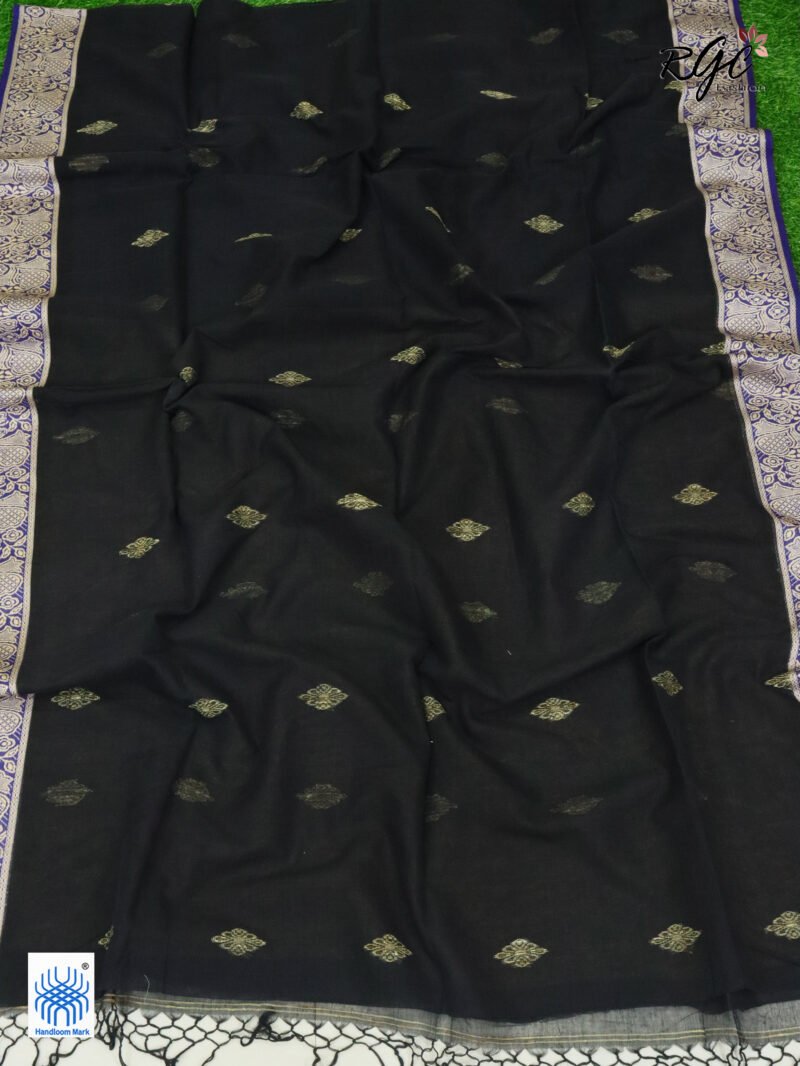Black Pure Bengal Cotton Naksha Paar Jamdani Saree - Image 3