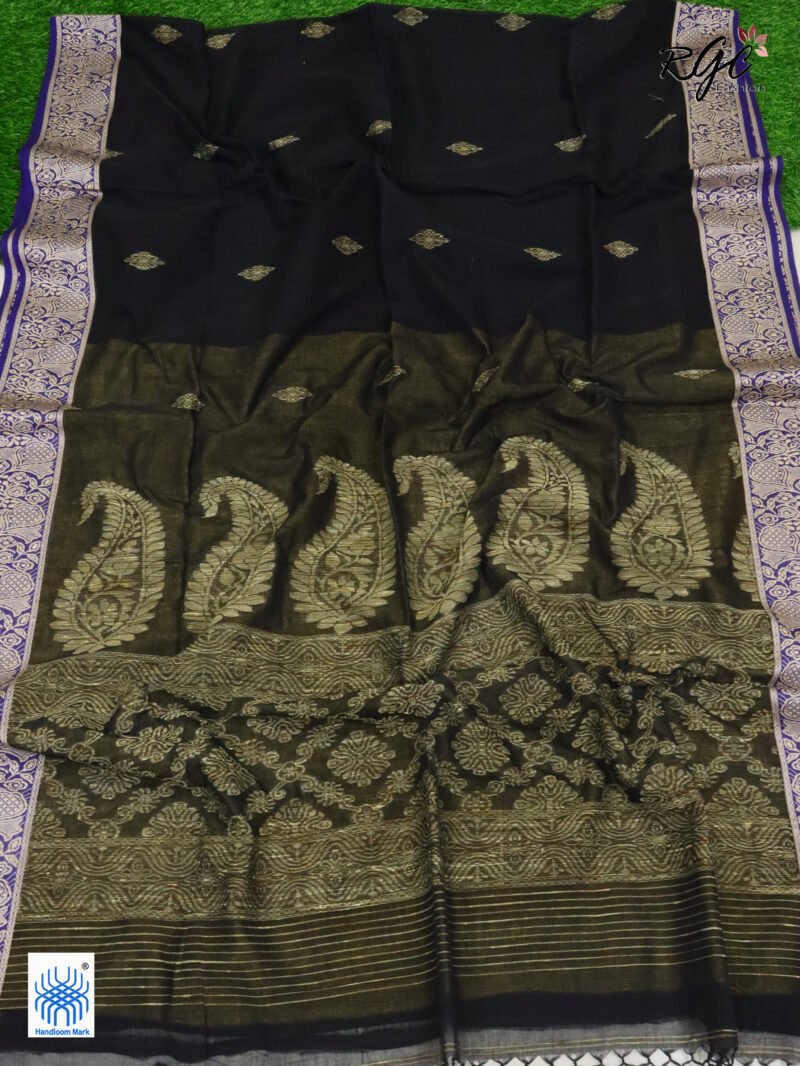Black Pure Bengal Cotton Naksha Paar Jamdani Saree - Image 2