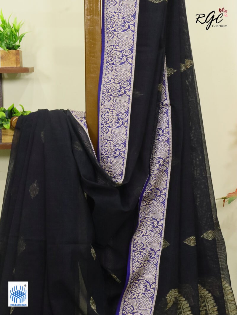 Black Pure Bengal Cotton Naksha Paar Jamdani Saree - Image 10