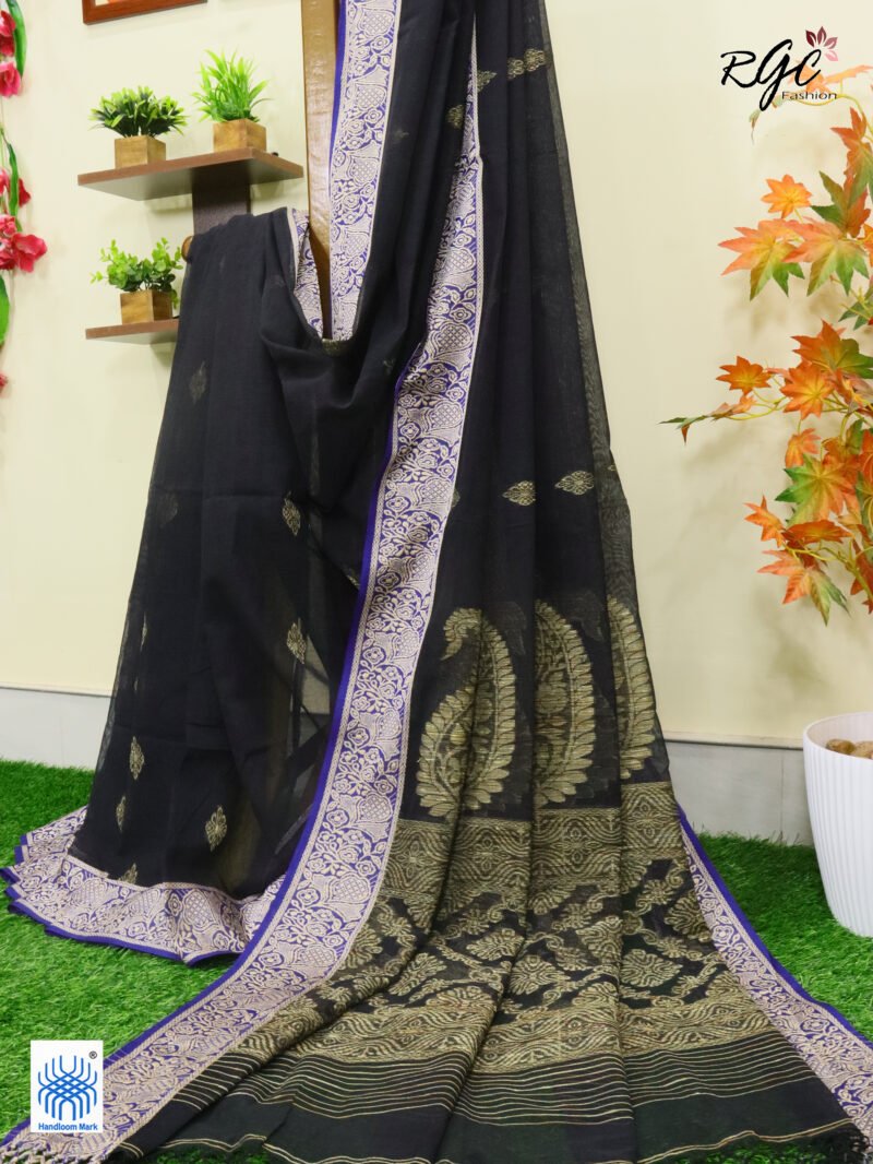 Black Pure Bengal Cotton Naksha Paar Jamdani Saree - Image 8