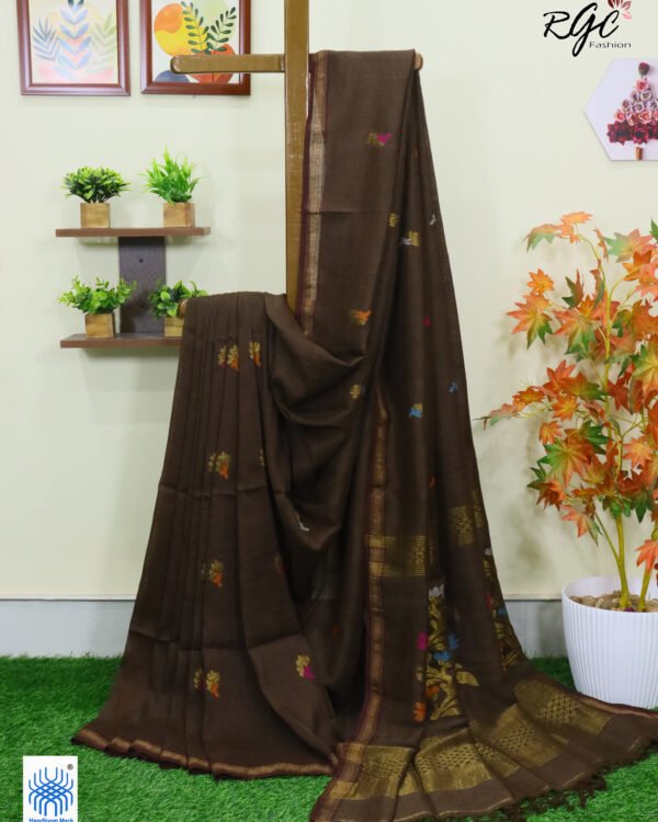 Chocolate Multicolor Mina Work Organic Linen Jamdani Saree
