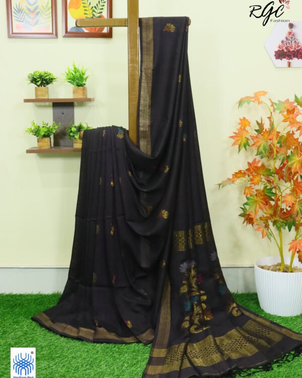 Brownish Black Multicolor Mina Work Organic Linen Jamdani Saree