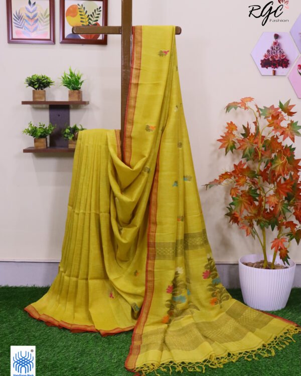 Gold Yellow Multicolor Mina Work Organic Linen Jamdani Saree