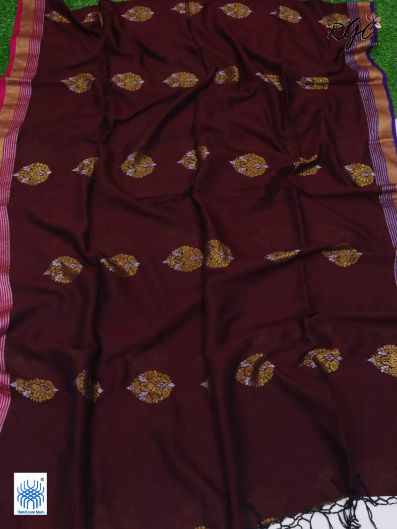 Maroon Pure Bengal Cotton Zari Benarasi Saree - Image 4